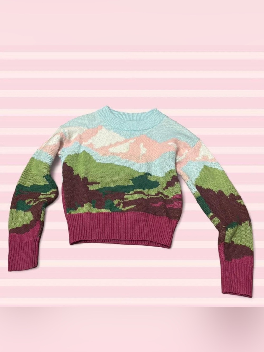 Wild Fable • Scenic Landscape Crewneck Sweater in Pink and Green